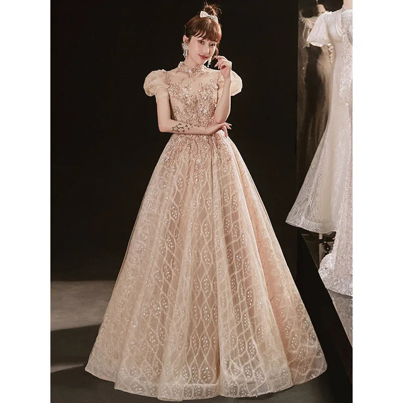 Luxury Champagne Evening Dress A-line Appliques Bead O-neck Backless Elegant Wedding Party Dress