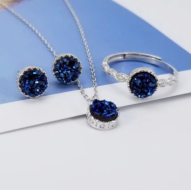 Shiny S925 Sterling Silver Crystal  Roya Blue Druzy Necklace/Earrings/Ring Jewelry Sets