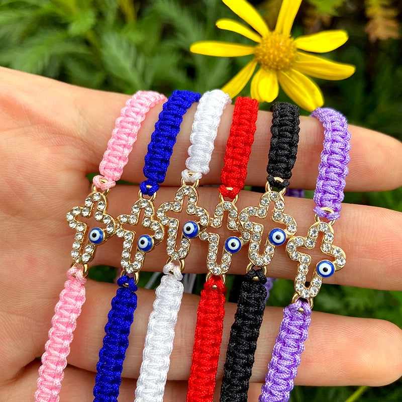 Risingmoon Colorful Crystal Beads Pendant Cross Evil Eye Bracelet Gold Plated Handmade Bracelets Jewelry Adjustable