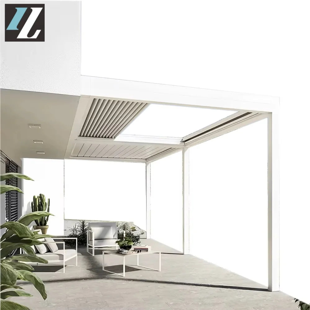 Customised Luxury Outdoor Louvered Aluminum Pergola with Aluminum Shutters Glass Door Zip Screen Fence LED Lights Roller Blinds MegaBDM