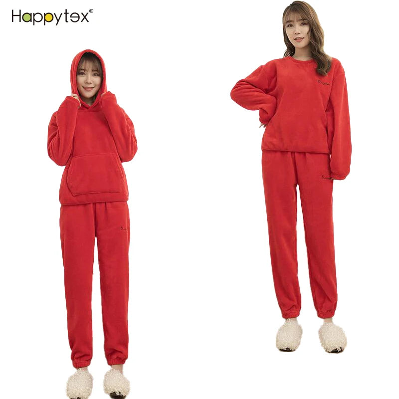 Coral Fleece Pajamas Thicken 2PC Women Long Sleeve Soft Comfortable Fashion Woman Sleepwear Winter Hooded Warm Home Wear