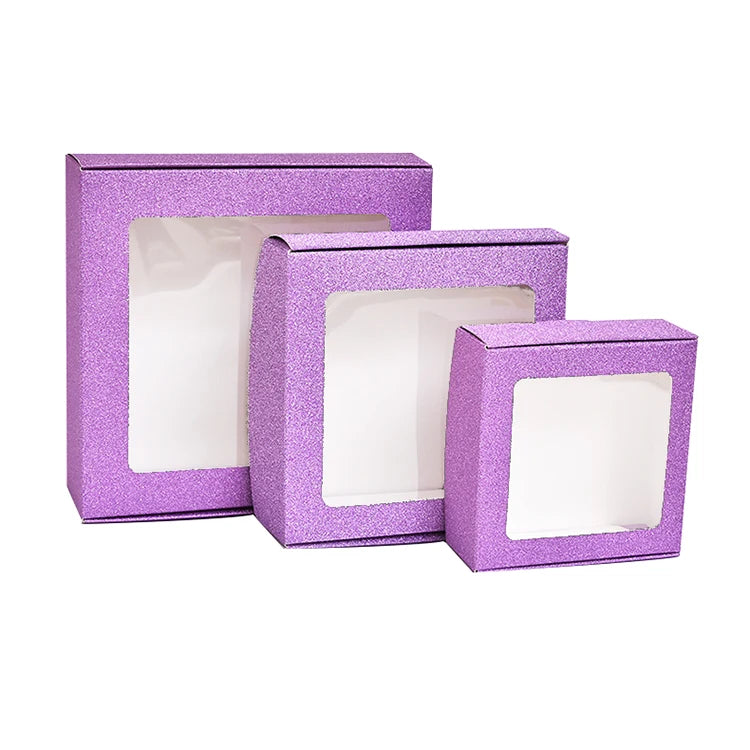 Custom Open Window Gift Boxes with Clear PVC Film and Glitter Cardboard Paper Bag with Custom Handle for Paperboard Gifts