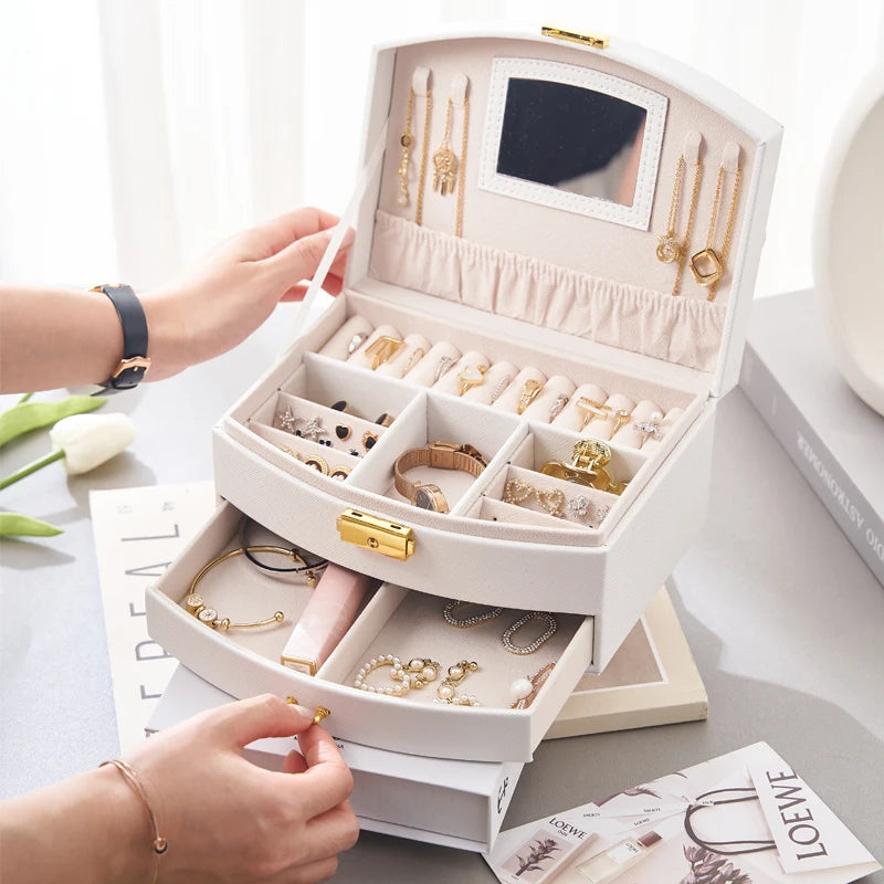 Wholesale Gift Earring Watch Packaging Drawer Lock Mirrored Jewellery Organizer Display Case Pu Leather Jewelry Storage Box