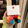 Rainbow Ball Dangle Ear Drop Vintage Statement Eardrop Colorful Pom Pom Boho Earrings for Women Girls