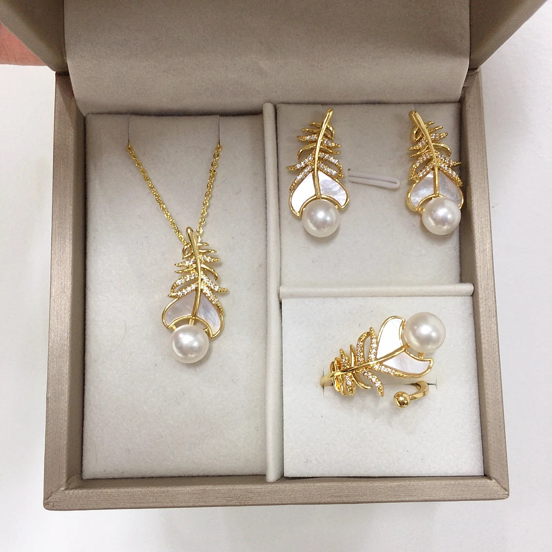 Sea Shell Feather Natural Freshwater Pearl Necklace Ring Earrings Jewelry Pearl Set