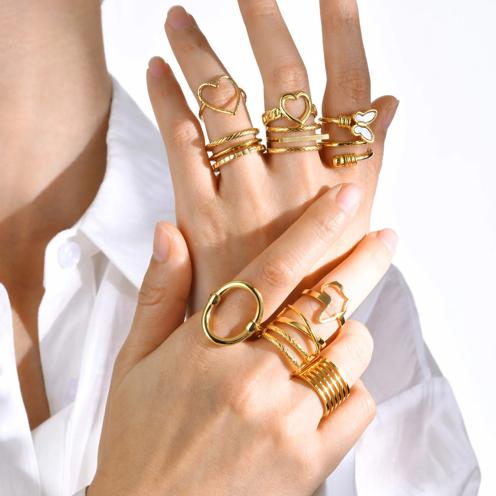 High Quality Creative 18K Gold Plated Multilayer Circle Butterfly Heart Stainless Steel Women Ring