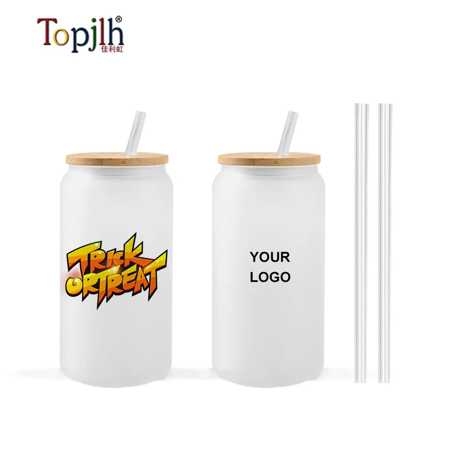 Topjlh Blank Sublimation Blanks 16oz Promotion Glass Cup With Bamboo Lid and Straw Customized Logo Tumblers Cola Water Bottle