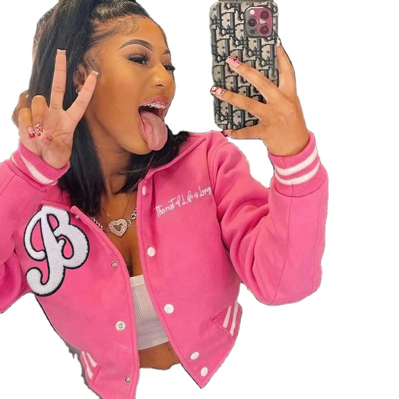 KY Chenille Embroidery Cropped Puffy Winter Jackets for Women Bomber Riding Jacket Motorcycle Custom Winter Jacket