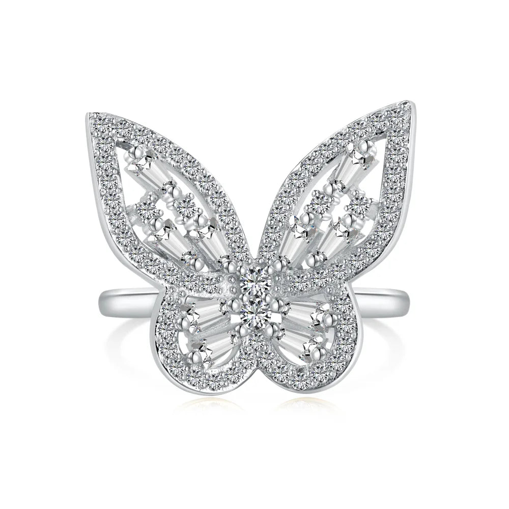Dylam Stylish Fine Jewelry S925 Silver Rhodium 18K Gold Plated Baguette Cut 5A Zirconia Adjustable Butterfly Women Rings