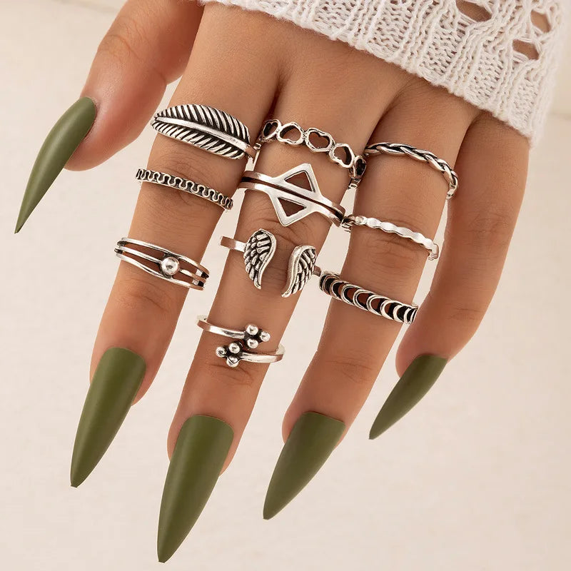 10pcs/sets Bohemian Snake Joint Ring Sets for Women Letter Star Geometry Shiny Crystal Stone Finger Ring Party Jewelry