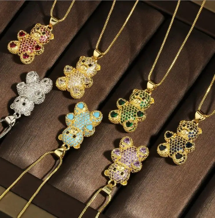 Micro-encrusted Diamond Cute Heart Bear Pendant Necklace Women's INS Style Fashion 18K Gold-plated Collarbone Chain