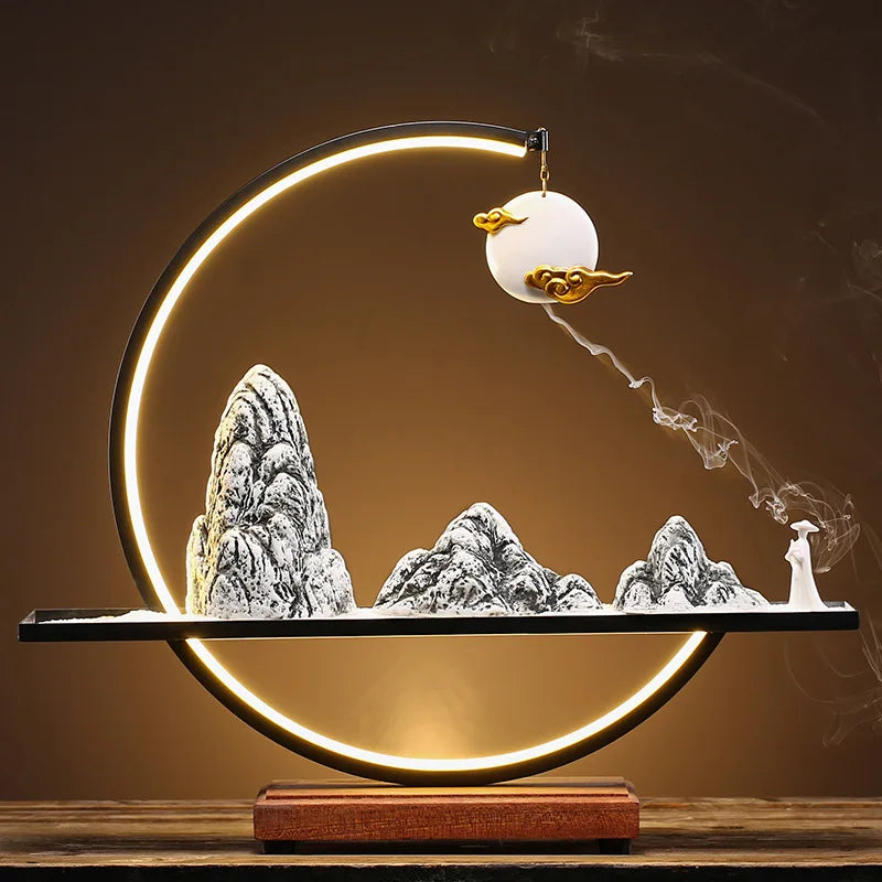 2024 Feng Shui Vintage Ornaments Indoor Water Fountain Zen Meditation Backflow Waterfall Led Light Ceramic Incense Burner
