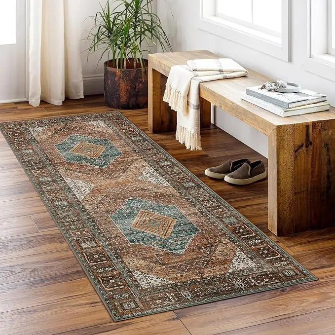 Brick Red Color 2x6 Runner Rugs Machine Washable Low Pile Wear Resistance Soft Print Vintage Retro Style Home Entryway Corridor