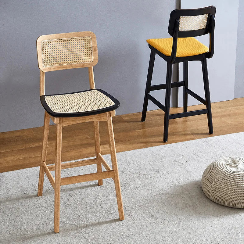 New Solid Wood Rattan Seat Backrest Bar Stool Kitchen Island Height Counter Chair