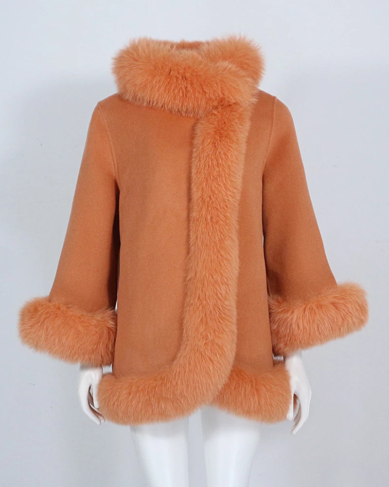 OFTBUY 2023 Fashion Elegant Woolen Jacket Women Asymmetrical Natural Fox Fur Collar Cuffs Cashmere Blends Woolen Coat for Women