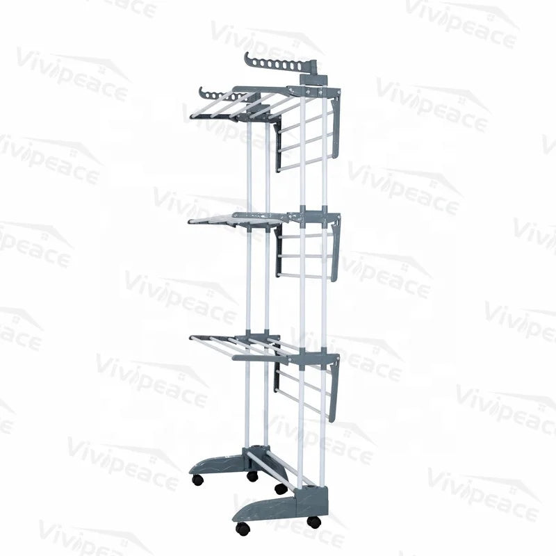 2021 New Product 3 Tier Rolling Dryer Clothes HangerCollapsible Garment Laundry Rack with Foldable Wings and Casters