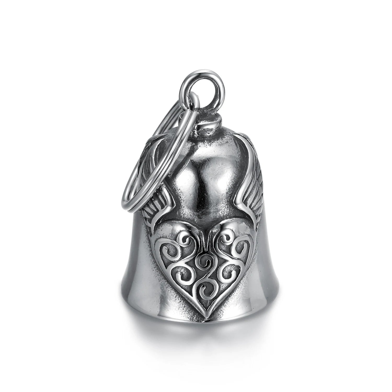 New Arrival Custom 316 Stainless Steel Heart Angle Wing Motorcycle Bell Key Ring Pendants Necklaces