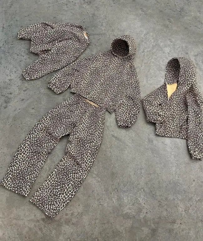 Y2K Retro Leopard Print Hooded Pullover Sweatshirt 220g Casual Zipper-Up Loose Fit Hip-hop Inspired for Autumn Couples Harajuku
