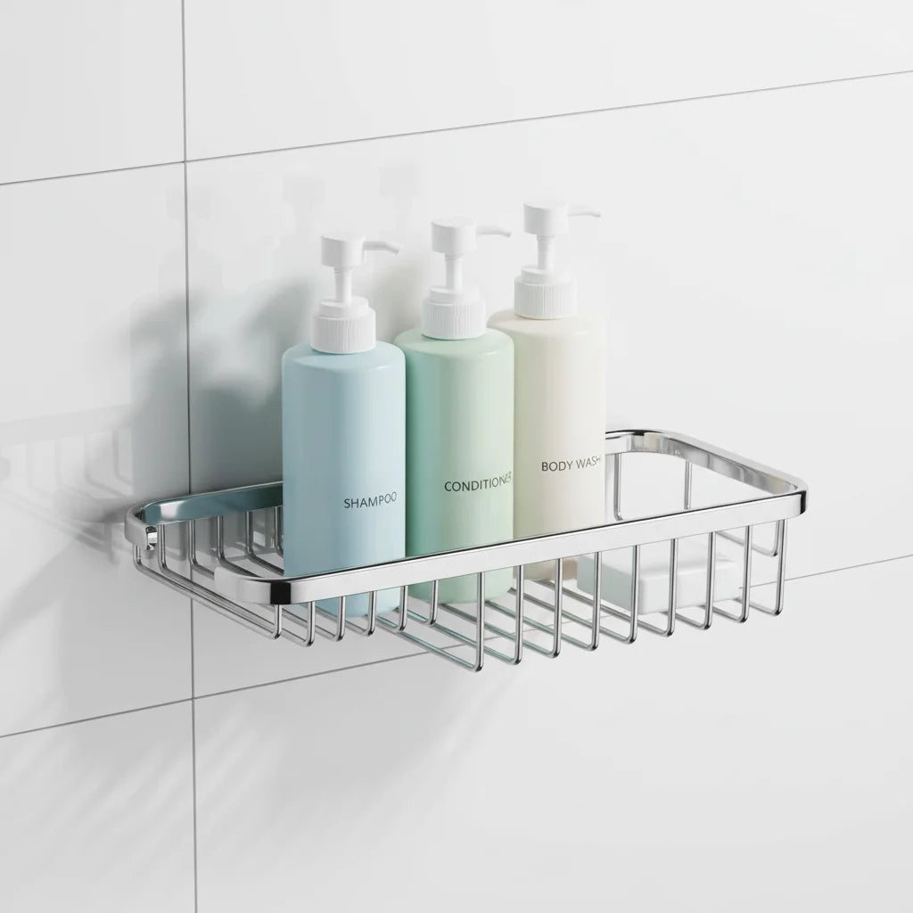 Hotel-Grade Wall-Mounted Chrome Plated Stainless Steel Durable Single Tier Shower Corner Storage Shelf Apartment Metal Shower