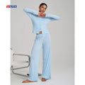 Custom 3 Piece Set Summer 2026 Women Clothing Light Blue Knit Set Wholesale Luxury Knitted Three Piece Set Women Pants and Top
