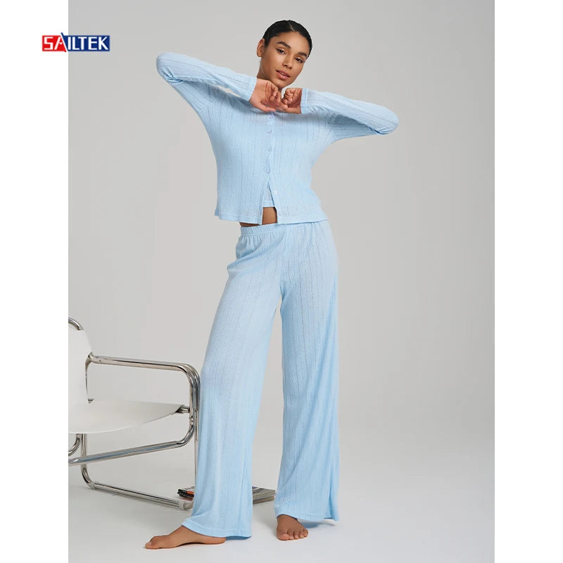 Custom 3 Piece Set Summer 2026 Women Clothing Light Blue Knit Set Wholesale Luxury Knitted Three Piece Set Women Pants and Top