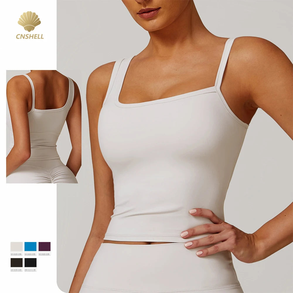 CNSHELL Custom Logo Brushed Basic Sleeveless Square Neck Yoga Workout Gym Fitness Running Sports Tank Top