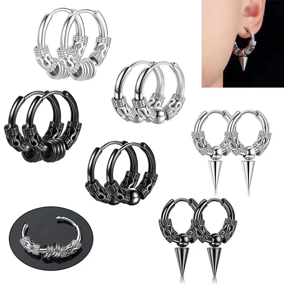 Retro Dragon Earrings Stainless Steel Circle Cone Ear Buckles Trendy Personality Simple Men's Earrings