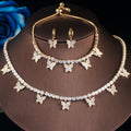 3pcs Gold Plated Shiny Cubic Zircon Crystal Cute Butterfly Bohemian Earring Necklace and Bracelet for Bridal Costume Jewelry Set