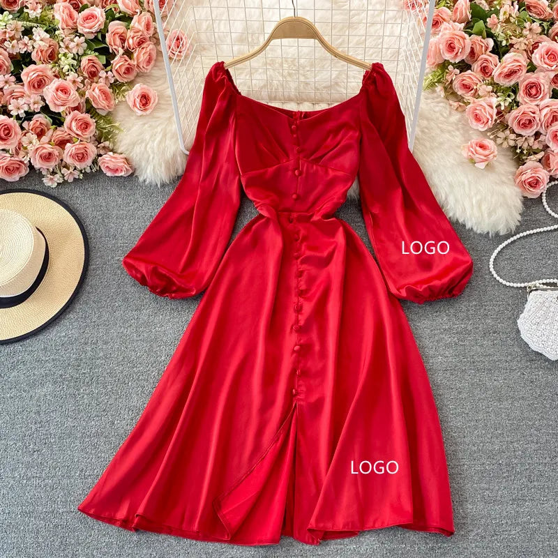 Spring Summer Custom logo Casual Tunic Dress Women  Elegant Buttons up Long Puff Sleeve Dress V Neck Solid Color Midi Dresses