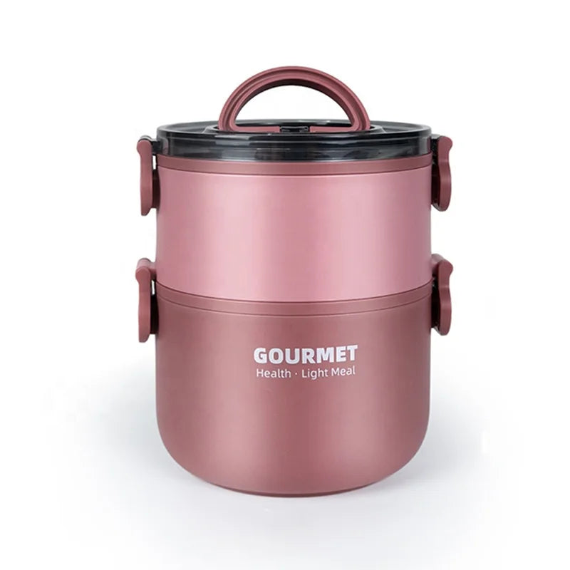 Fashion 1600ml Portable Two-layer 304 Stainless Steel Kids Lunch Box Round Food Storage Container Adult Bento Lunch Box