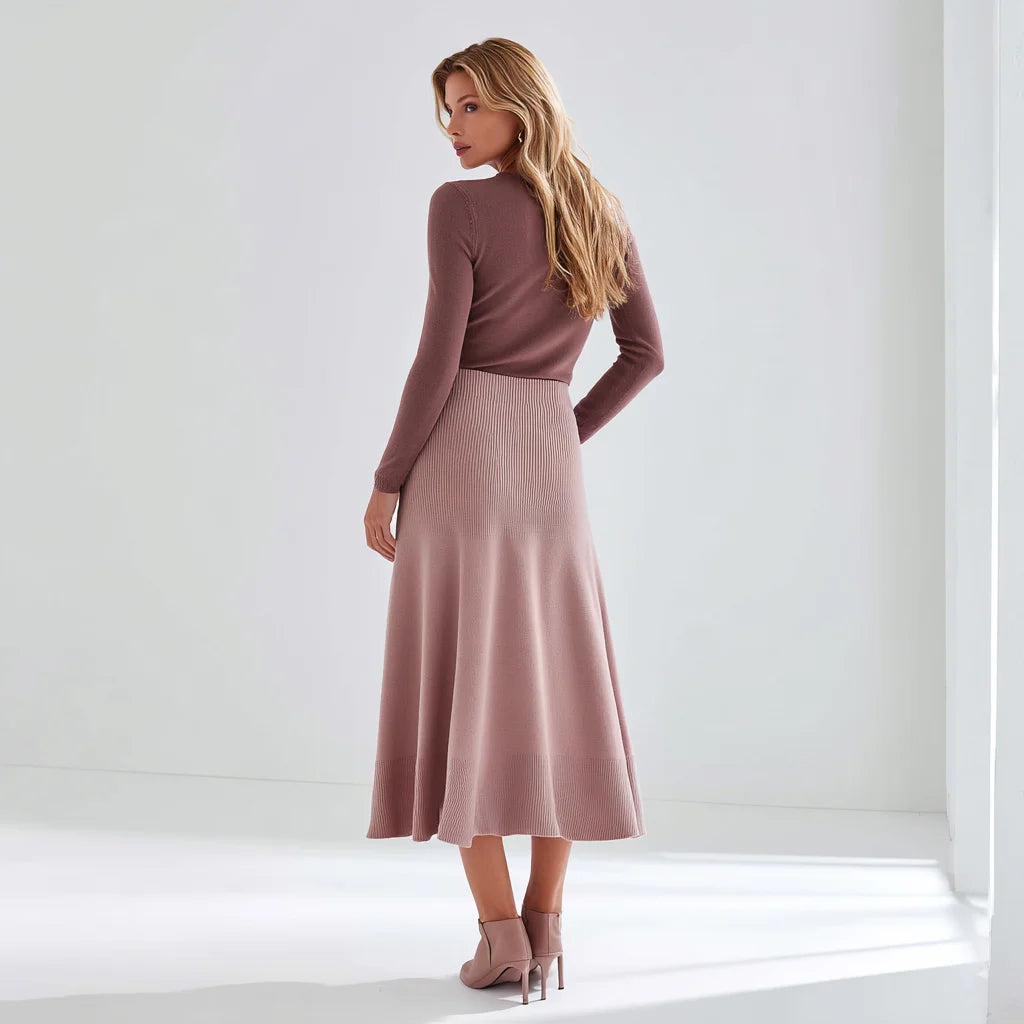 Dusty Rose Vintage Woolen A-Line Midi Skirt Solid Knitted Breathable Comfortable Side Slit Lace Decoration Casual-Formal Style