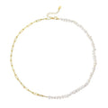 Rainbowking Trendy S925 Sterling Silver Baroque Pearl and Paperclip Chain Asymmetry 14k Gold Color Plated Link Chokers Necklace
