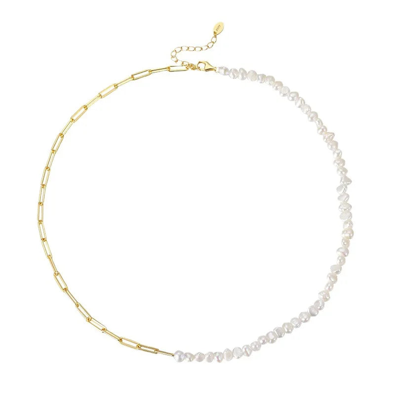 Rainbowking Trendy S925 Sterling Silver Baroque Pearl and Paperclip Chain Asymmetry 14k Gold Color Plated Link Chokers Necklace
