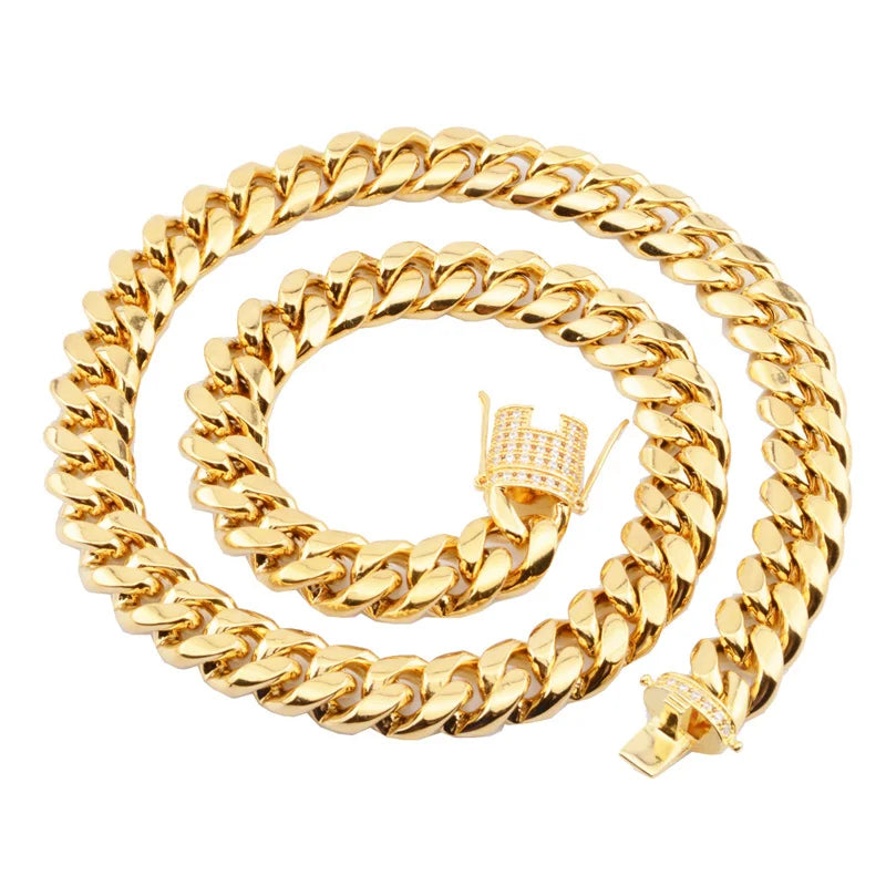 Fashion Personality Design HipHop 18K Gold Plated 12mm Chunky Body Link Chain Stainless Steel Necklace Jewelry for Men