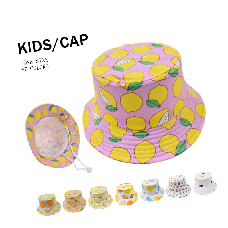 Outdoor Spring Summer Autumn Sun Proof Kids Bucket Hats Lemon Printed Children's Hats Caps for 4-8 Years with Adjustable String