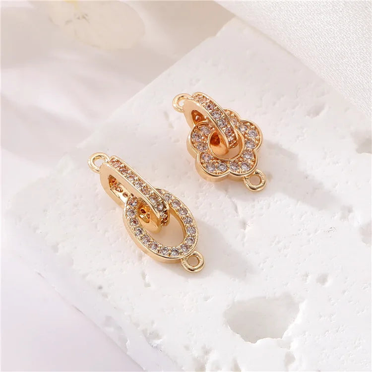 Jiexing New Arrival Fashion Trendy Design 14K Gold Plated CZ Flower Jewelry Connector Two Rings Charms for Jewelry Making