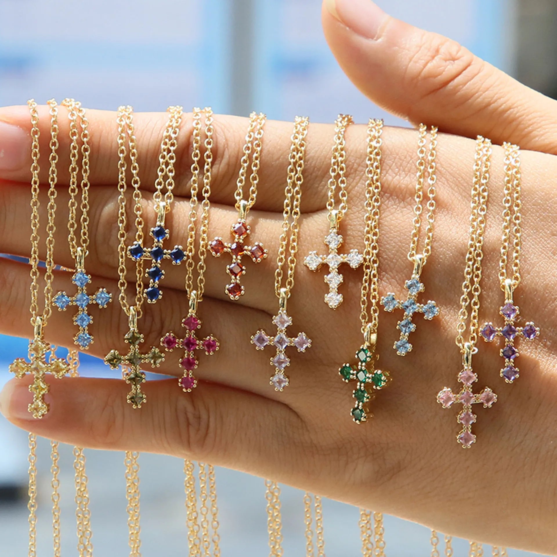 2025 Fashion Cross Birthstone Zircon Charm Necklace 18K Gold Plated Brass Necklace Religious Necklace for Women Girls