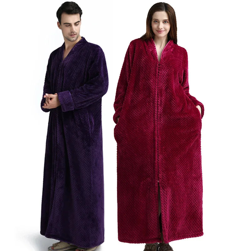 Winter Flannel Fleece Nightdress Women Full Length Zip Nightgown Waffle Robe Couple Women's Pajamas Homewear Bathrobe