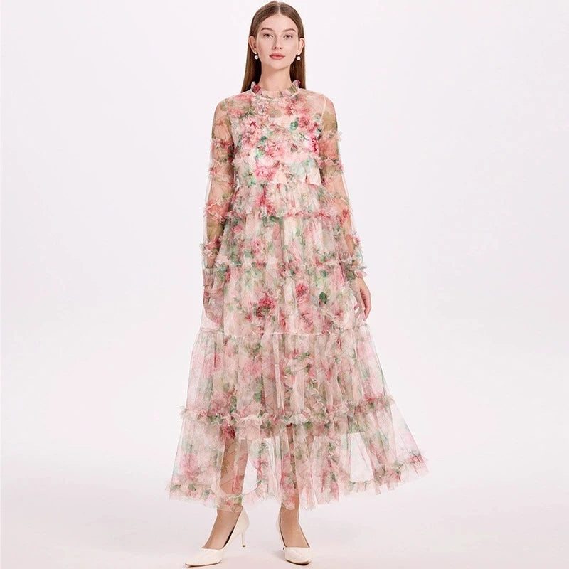 Women's Fashion French Mesh Printed Large Swing Waist Dress