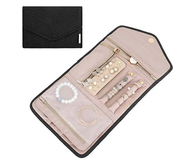 Portable Foldable Travel Jewelry Organizer Roll Case Hanging Jewelry Bag Hanger for Rings Necklaces for Journey Storage