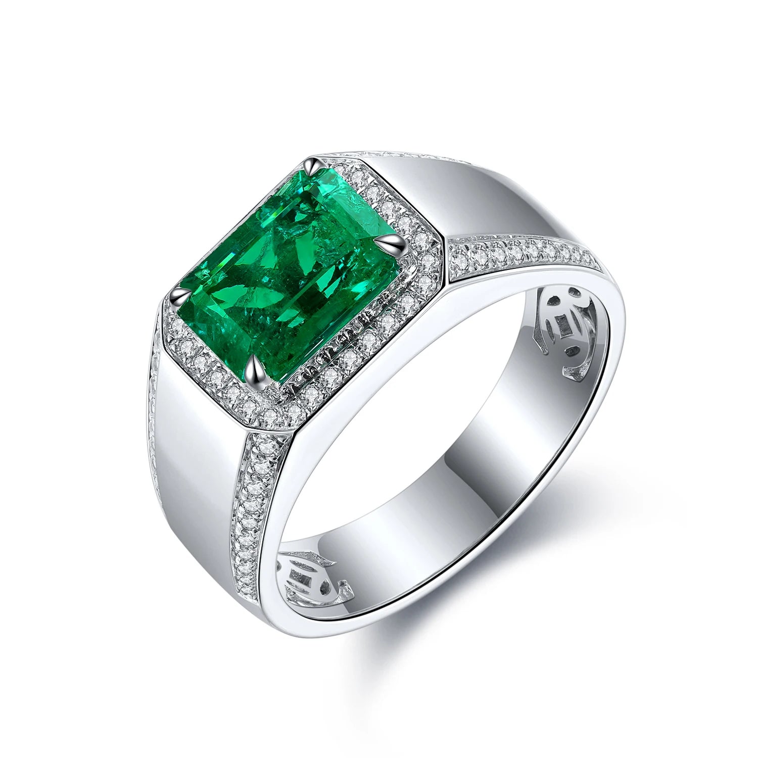 925 Sterling Silver Man Ring Lab Grown Emerald Stone Emerald Cut Mens Ring for Christmas Gift