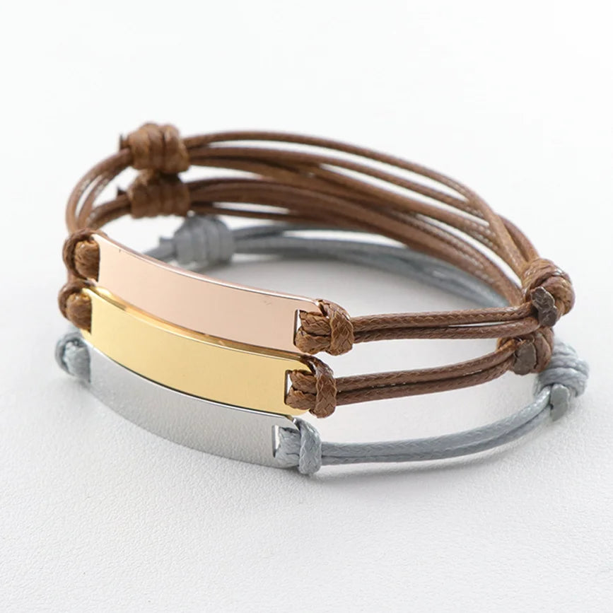 Customized Adjustable DIY Bracelets Wrist Stainless Steel Bar Nylon Rope Braided Bracelet Geometric Charms