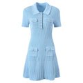 Vintage Elegant Style 2025 Spring Lady Turn-down Collar Short Sleeve Women Knit Sequin Sheath Flounced Short Dress