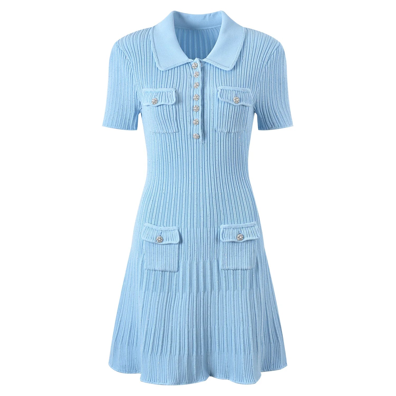 Vintage Elegant Style 2025 Spring Lady Turn-down Collar Short Sleeve Women Knit Sequin Sheath Flounced Short Dress