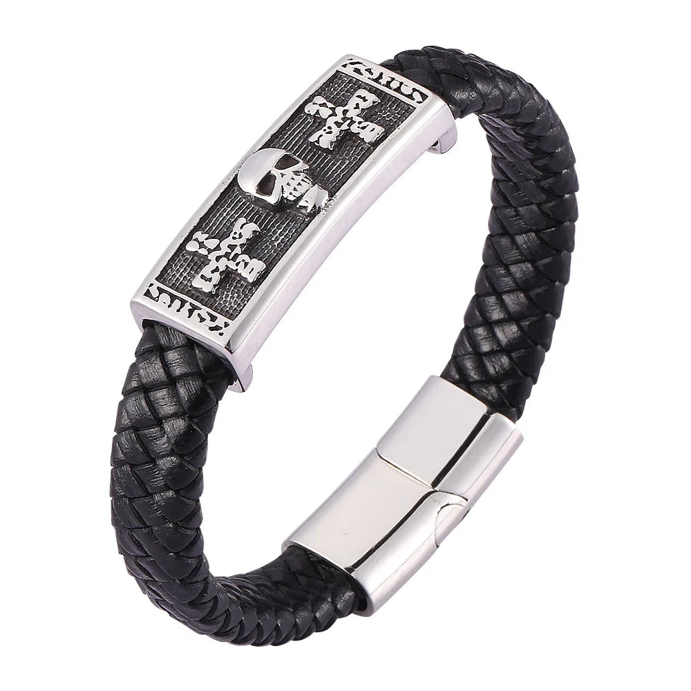Vintage Woven Leather Stainless Steel Cross Skull Bracelet Punk Skull Magnetic Clasp  Men Bracelet