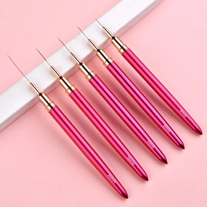 Luxury 5/7/9/11/15/25 mm Nail Art Liner Brush Rose Red Metal Handle Nylon Hair Detail Nail Pen Set Nail Art Brushes Liner