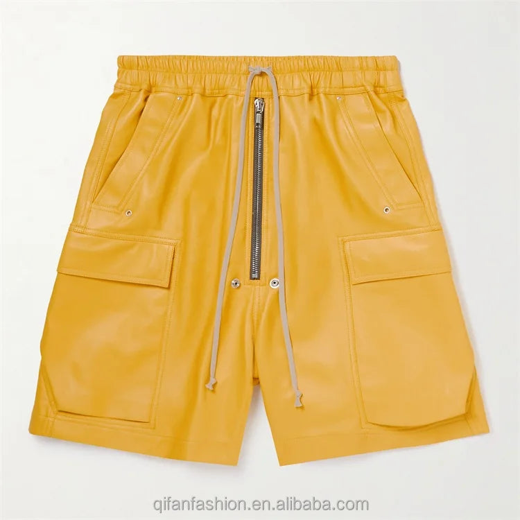 Custom Street Style Patch Pockets Leather Cargo Shorts for Men