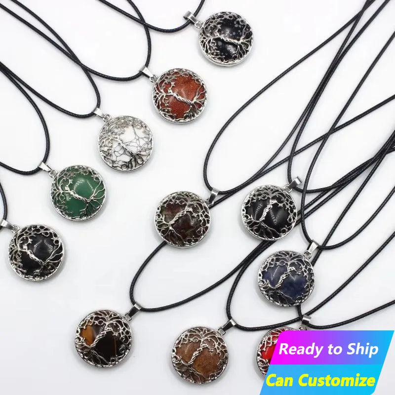 Wholesale New High Quality Vintage Natural Crystal Stone Quartz Gemstone Tree of Life Pendant Crystal Necklace