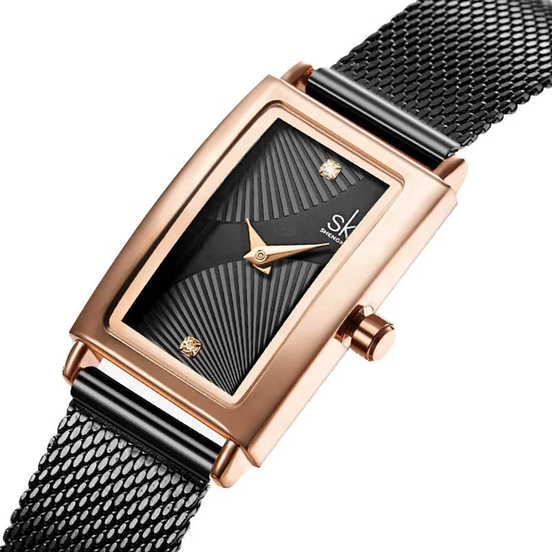 SHENGKE Women Simple Square Quartz Watch Rectangle Wristwatch Women Trending Luxury Mesh Strap Fitness Hand Watch