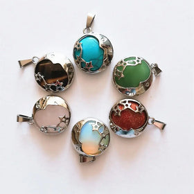 Natural Gemstone Solar 20MM Pendant Necklace Silver Round Alloy Moon Star Charm Jewelry Unisex Amethyst Rose Quartz Tiger Eye